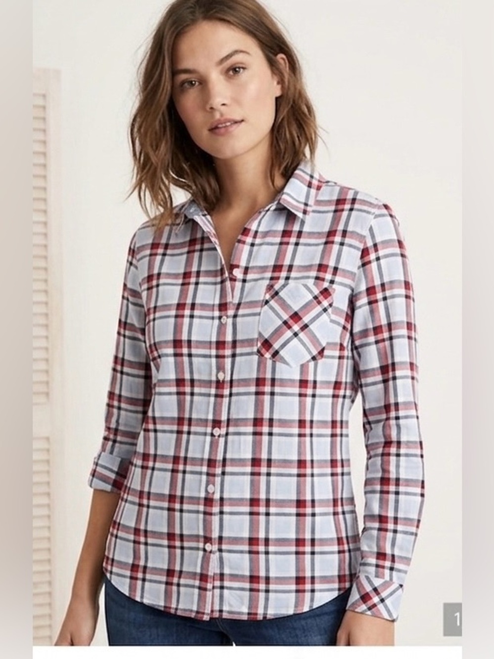 Tommy Hilfiger Shirt Red White Blue Long Sleeve Plaid Button-Up Shirt Size M